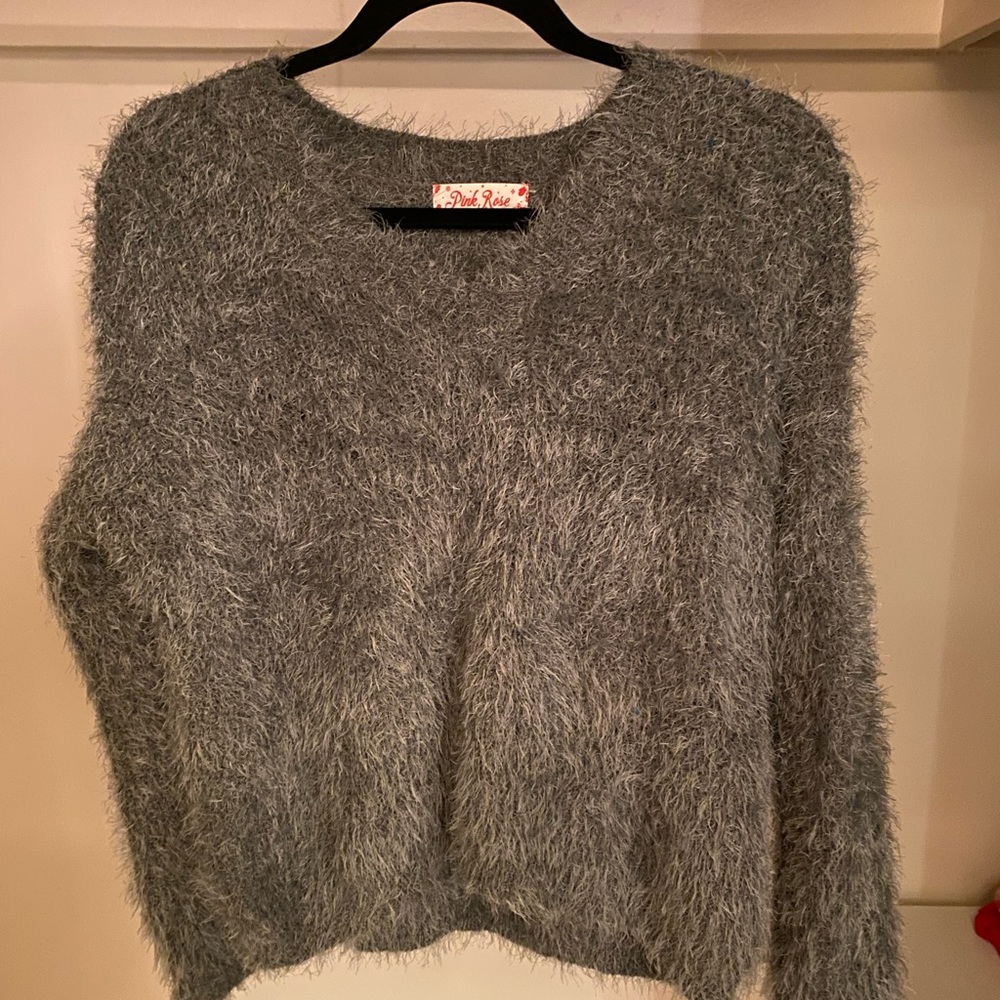 Pink Rose grey fuzzy sweater